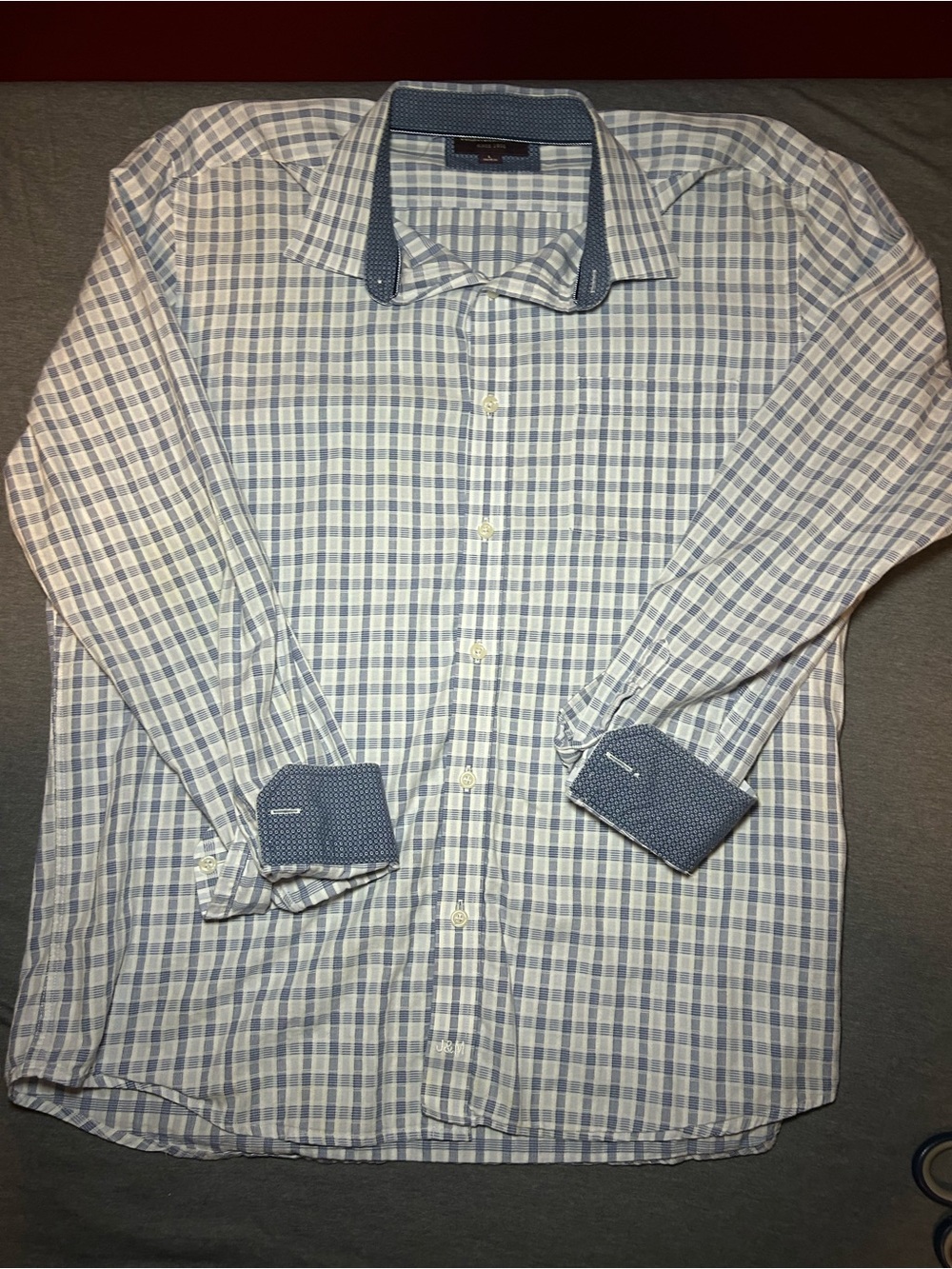 Johnston & Murphy Light Blue Windowpane Dress Shirt with Navy Contrast